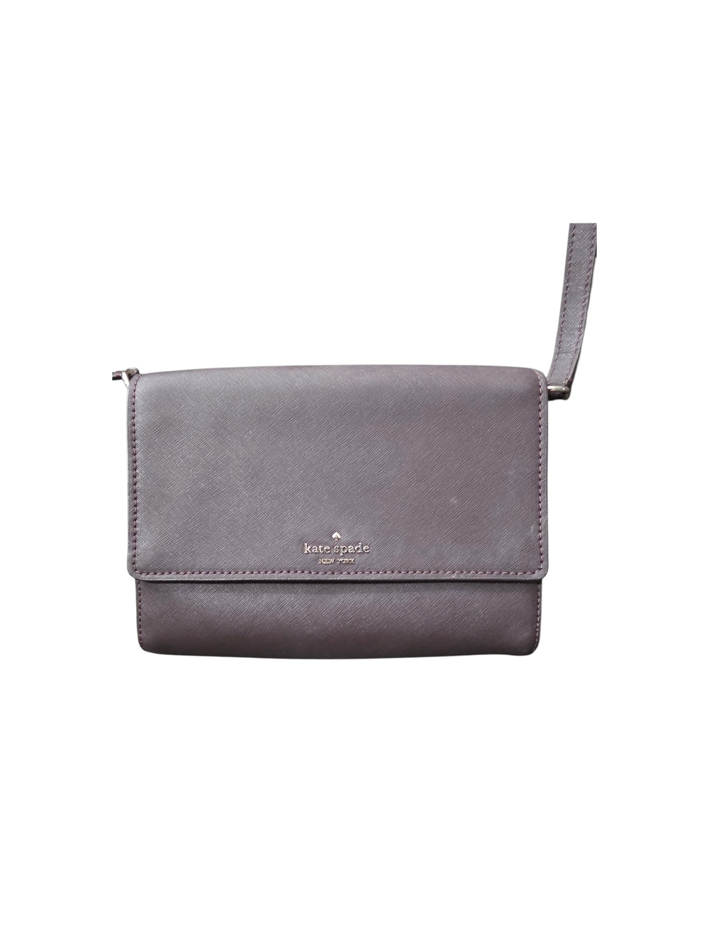 #158 kate spade gray leather flap crossbody with gold logo